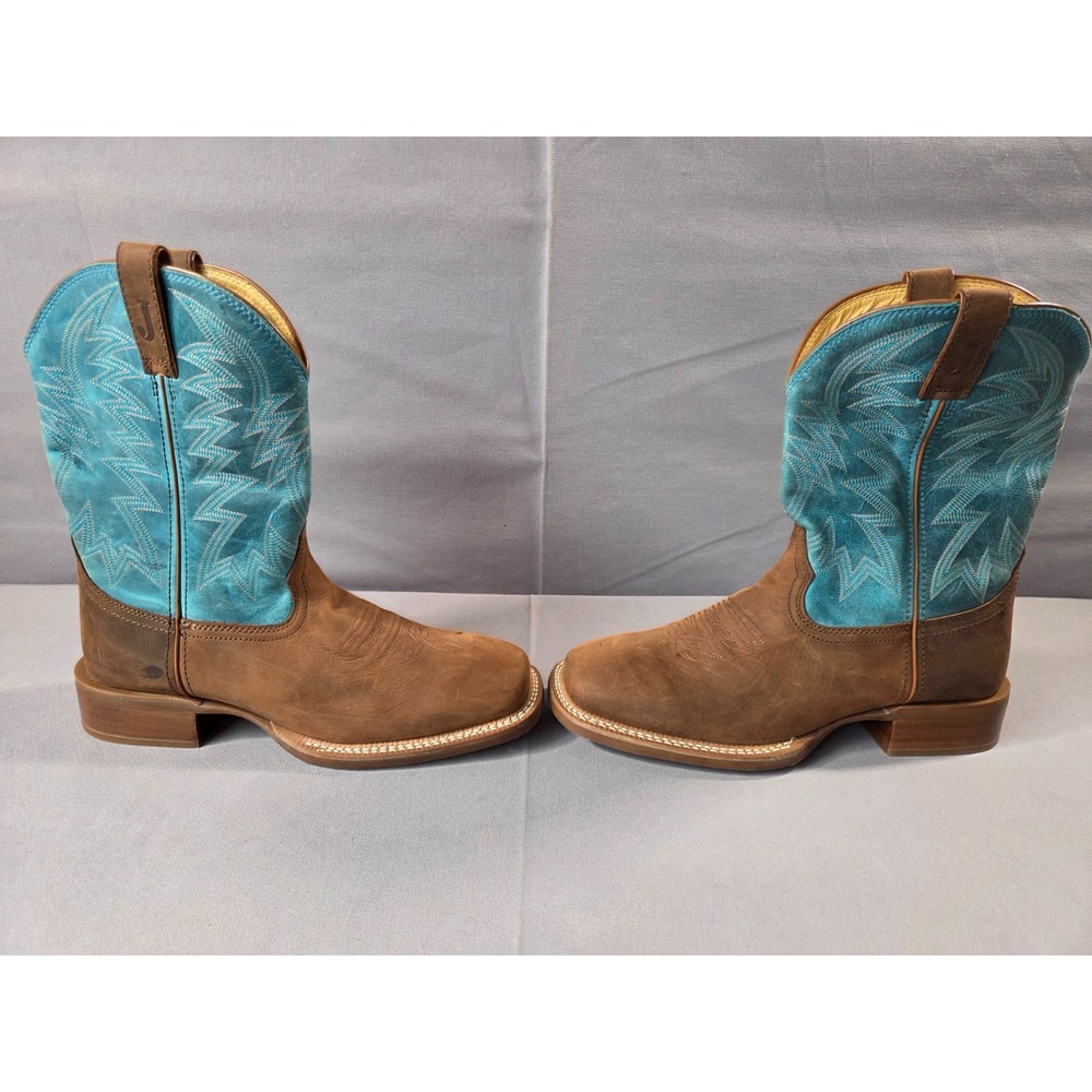 Justin Cowboy Boots Mens 11.5D Brown Blue Big Bucks Wide Square Toe Vibram Sole - Picture 4 of 15